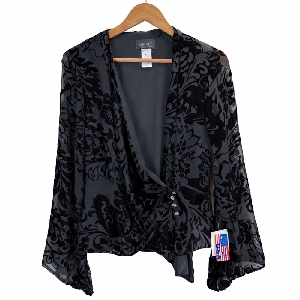 Xscape Whimsigoth Sheer Black Burnout Velvet Bell Sleeve Wrap Top 10 Gothic